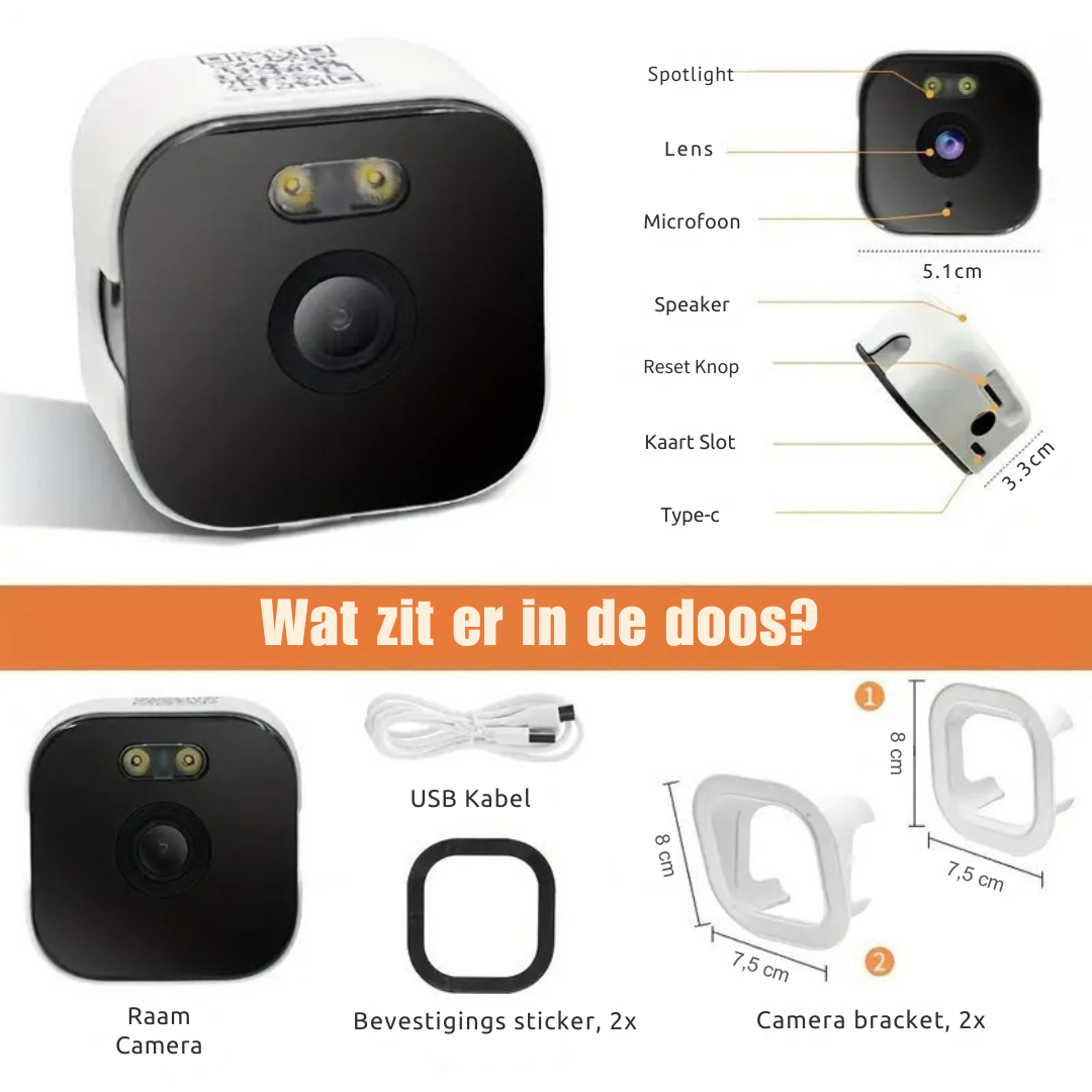 VisionGuard AI WindowCam – Slimme Raamcamera 1296P met WiFi (2.4G/5G), Kleurennachtzicht, Bewegingsdetectie, Tweerichtings-Audio & 24/7 Opname