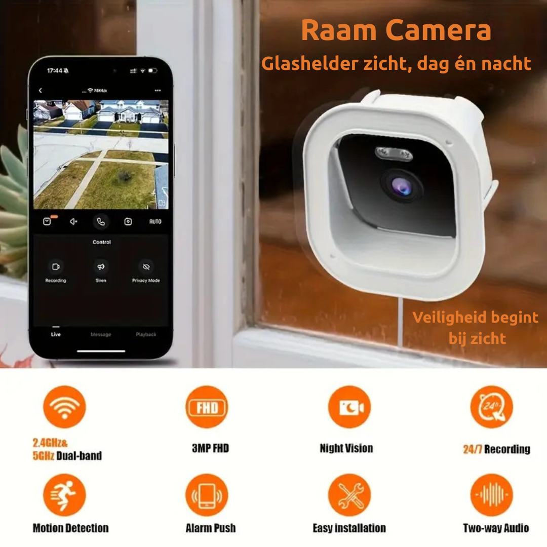 VisionGuard AI WindowCam – Slimme Raamcamera 1296P met WiFi (2.4G/5G), Kleurennachtzicht, Bewegingsdetectie, Tweerichtings-Audio & 24/7 Opname