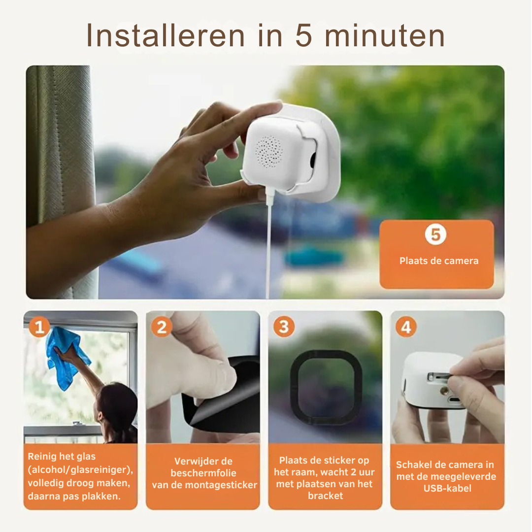 VisionGuard AI WindowCam – Slimme Raamcamera 1296P met WiFi (2.4G/5G), Kleurennachtzicht, Bewegingsdetectie, Tweerichtings-Audio & 24/7 Opname