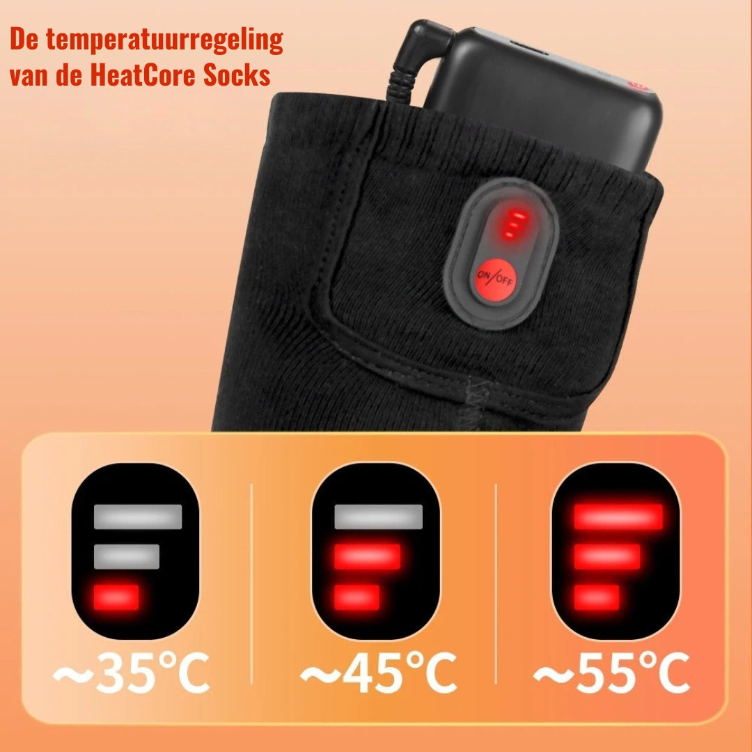 HeatCore Socks – temperatuurregeling met drie warmtestanden (35°C, 45°C, 55°C) via geïntegreerde knop