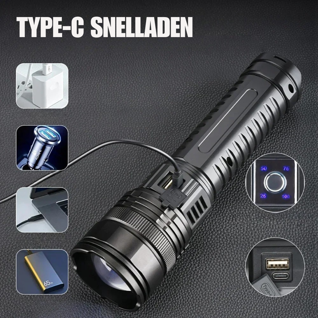 Ultraheldere Tactische LED-Zaklamp – 100.000 Lumen, 15000mAh Ingebouwde Batterij, Digitale Display, Zoomfunctie & Powerbank – tot 9000M!