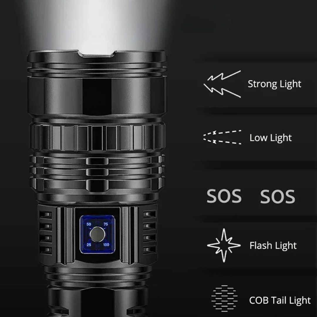 Ultraheldere Tactische LED-Zaklamp – 100.000 Lumen, 15000mAh Ingebouwde Batterij, Digitale Display, Zoomfunctie & Powerbank – tot 9000M!