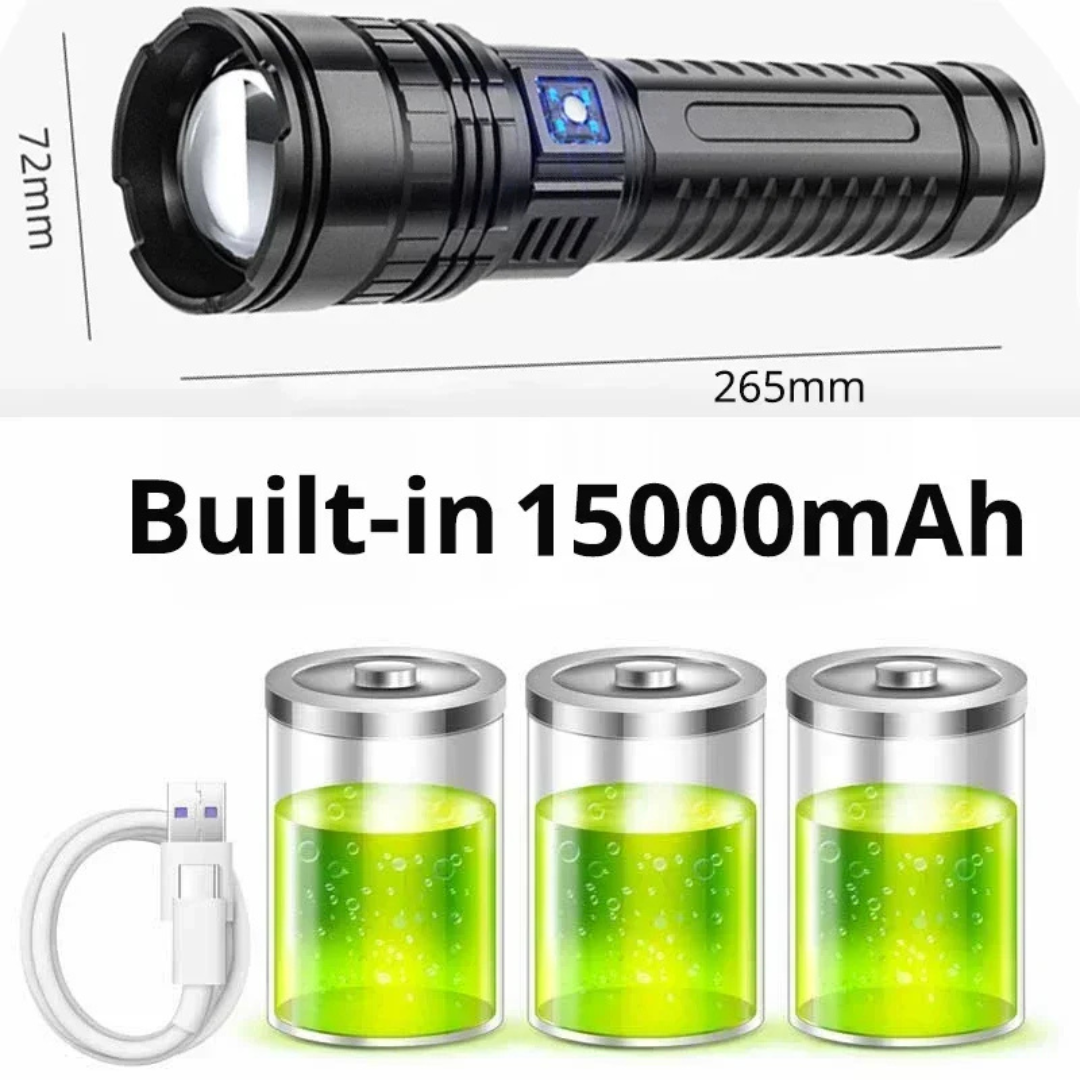 Ultraheldere Tactische LED-Zaklamp – 100.000 Lumen, 15000mAh Ingebouwde Batterij, Digitale Display, Zoomfunctie & Powerbank – tot 9000M!