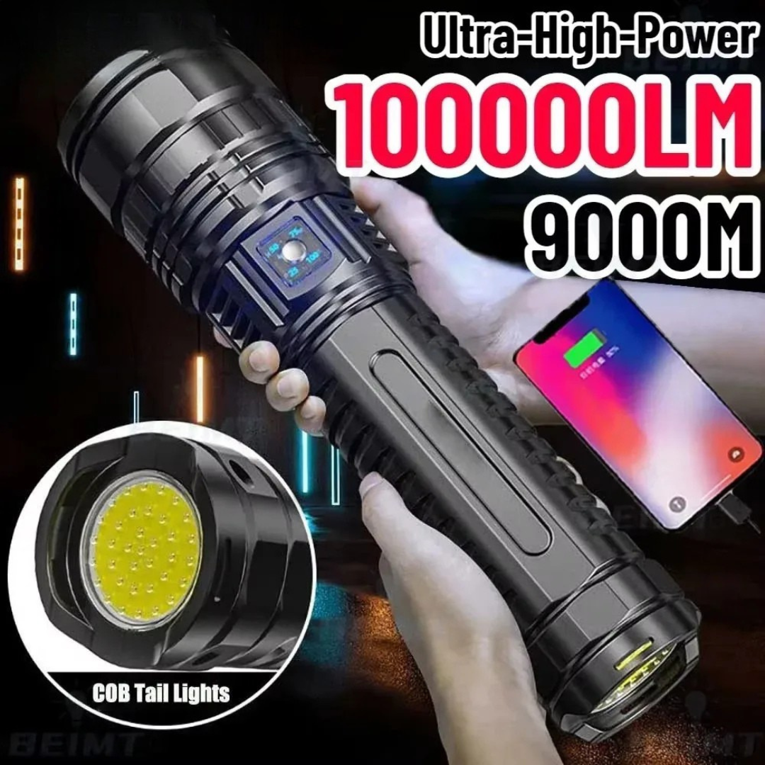 Ultraheldere Tactische LED-Zaklamp – 100.000 Lumen, 15000mAh Ingebouwde Batterij, Digitale Display, Zoomfunctie & Powerbank – tot 9000M!